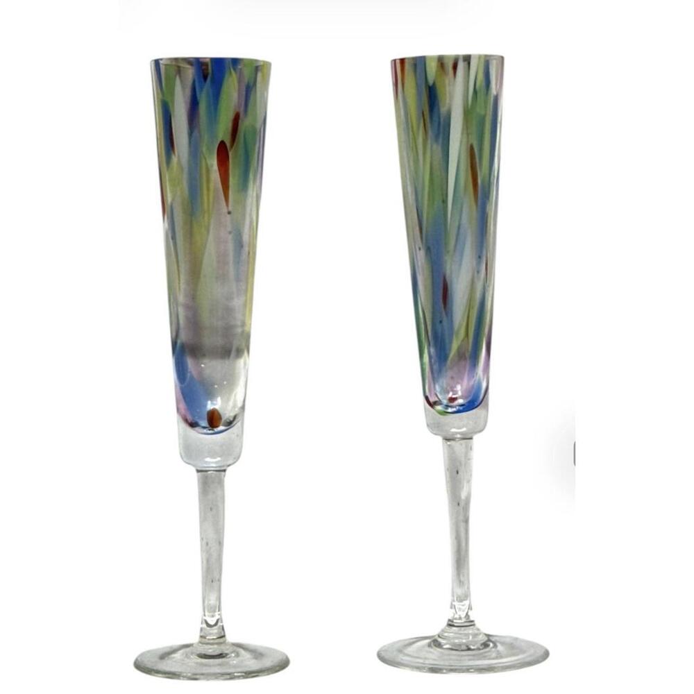 Hand‎ Blown Confetti Glass Champagne Flutes • Artisan Studio Pair • Signed